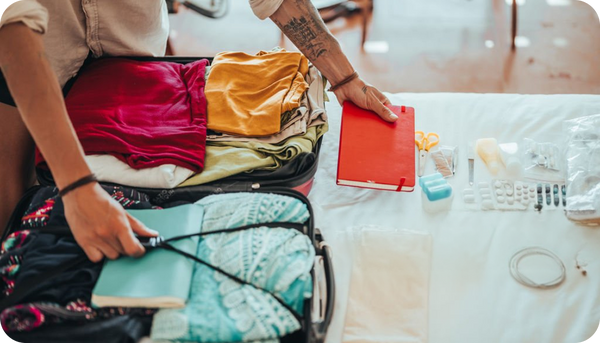 A packed suitcase with travel medicines